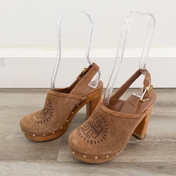 Tory Burch Brayden Almond Suede Logo Block Heel Platform Mules 6 - Picture 1 of 6